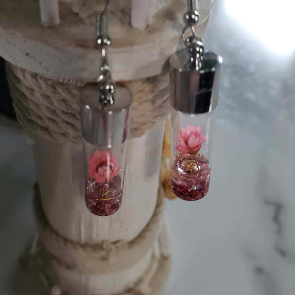 Pink Wish Flowers Glass Bottle Dangle Earrings - Picture 5 of 14